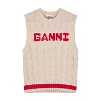 Ganni cotton-blend vest Checked design at front, crew-neck, logo intarsia, striped intarsia at hem, ribbed trims Slips on  55% organic cotton, 45% polyamide  Hand wash