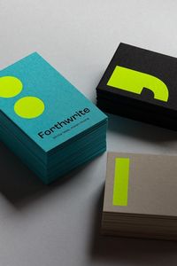 Bold branding design for Forthwrite, a copywriting tuition business. Neon yellow foil blocked business cards printed on Colourplan Turquoise, Mist and Ebony. Brand design by Kate Monument. Print and image by Jot Press.