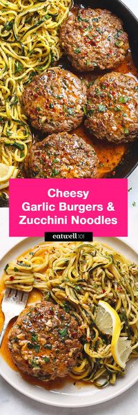 Cheesy Garlic Burgers with Lemon Butter Zucchini Noodles - #beef #burger #zucchini #eatwell101 #recipe - Rich and juicy, you'll instantly fall in love with these hamburger patties served with plenty of lemony zucchini noodles. - #recipe by #eatwell101®