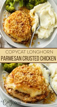 This Copycat Longhorn Parmesan Crusted Chicken recipe is easy to make in a skillet or on the grill before it's oven baked with a delicious Parmesan Crust. (BONUS: It's keto friendly!)