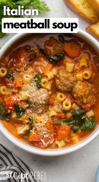 This hearty Italian Meatball Soup is the ultimate comfort food! With tender homemade, meatballs, vegetables and pasta in a delicious tomato-based broth with Parmesan cheese, it’s a delight for your taste buds! #soup #dfinner | dinner recipes | dinner ideas | meatballs | meatball soup | healthy soup | soup recipes | ditalini