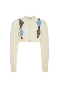 White diamond knitted cropped cardigan with embroidery