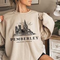 The Coziest Pemberley Sweater Inspired by Pride and Prejudice by Jane Austen. MATERIAL ✨ Sweatshirt sizes are Unisex, please refer to sizing chart in listing photos ✨ 50% cotton, 50% polyester ✨ Medium fabric weight PRINTING ✨ DTG Printed  CARE ✨ Machine wash: warm (max 40C or 105F) ✨ Do not iron ABOUT My love for design and clothing is what inspired the creation of this store.  During lockdown, I had so much free time and I have always had a dream to start my own business, and from this, my sto