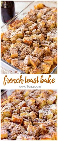 This super delicious overnight French Toast Bake recipe takes French toast to a whole new level! Pieces of sourdough bread covered in an egg mixture, topped with cinnamon sugar, and baked to perfection! This easy French toast casserole is the ultimate holiday or weekend breakfast!! #frenchtoastbake #frenchtoast #breakfast #breakfastcasserole #frenchtoastcasserole