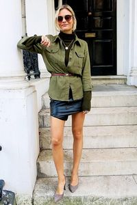 45 Street Style-Inspired Ways to Wear a Mini Skirt Through Fall - Olive green turtleneck sweater, belted military green jacket + leather mini skirt