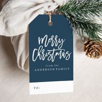 AD: Give your holiday packages a wow factor with modern holiday gift tags. The custom holiday gift tags feature "Merry Christmas" in a trendy script font, navy background, and a pine tree pattern on the back of the design. Designed by Late Bloom Paperie for Zazzle.