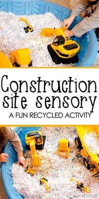 Construction Site Sensory Bin: What a fun toddler activity! Make this quick indoor activity for toddlers. A simple sensory bin that toddlers will love!