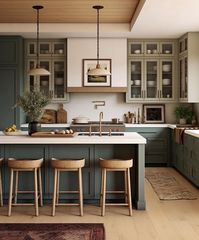 The color of this moody farmhouse kitchen is interesting, especially for the green kitchen island and cabinet that have a grey tone touch on the color. The color has a deep color characteristic that is applied in a wooden kitchen decoration. Green with Grey Tone Design Touch from @dropofhoneyy