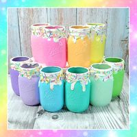 Look at this sweet rainbow of jars that look like confetti cake!! Well that's what I named these jars when I created them.  These are my sweet confetti cake jars.   You have 20 options to choose from; please continue reading to get all of the details.  These are my original colors that I mixed and designed for this confetti cake collection.  I have more colors that I will be creating too.  These confetti cake jars are perfect for  A candy party Birthday party Baby shower Gender reveal Baby sprinkle Holiday décor Perfect gift idea Kitchen décor Coffee bar Tier Tray Candyland themed décor  Home or office supply storage Photo prop Centerpiece, pair these jars up with some of the fake lollipops and fake cake pops from my shop, (or ask me to create you a one of a kind centerpiece).   Vase for f