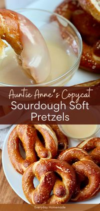 Enjoy the nostalgia of mall snacks with these Auntie Anne's Copycat Sourdough Soft Pretzels! Using sourdough starter discard, whip up a batch in no time, perfect for a same-day treat. With no yeast needed, these homemade pretzels are soft, chewy, and oh-so-delicious. Indulge in the comfort of nostalgia with this easy snack recipe!