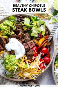 Chipotle Steak Bowls with rice and a load of fresh toppings make the ultimate high-protein meal packed with flavor and nutritious ingredients. This meal comes together in about 30 minutes once the steak is finished marinating for a bit. Skip the expensive take out and make these hefty steak bowls instead. Gluten-free and can easily be made low carb by swapping rice for lettuce.