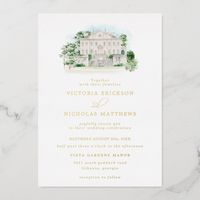 Featuring watercolor illustrations of a manor, and greenery landscape with elegant real gold foil typefaces. This vintage-inspired wedding invitation is perfect for spring, autumn and garden weddings.  Add your custom wording to this design by using the "Edit this design template" boxes on the right-hand side of the item, or click the blue "Customize it" button to arrange the text, change the fonts and colors and to also add additional information or images to this design.  Click "Customize Furt