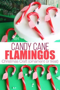 This cute DIY Flamingo Candy Cane Craft for Christmas is fun for a Hawaiian Christmas party or for our Alice in Winter Wonderland Christmas party theme | kid crafts | flamingo craft | candy cane treat | flamingo candy cane | edible flamingo treat | fun food ideas | edible craft | Christmas candy cane ornament | flamingo ornament #christmas #kidscrafts #flamingo