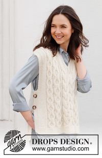 Knitted vest in DROPS Puna and DROPS Kid-Silk. Piece is knitted with cables, V-neck and vents in the sides. Size: S - XXXL