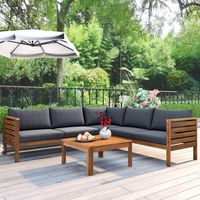 Harper & Bright Designs 4-Piece Brown Wood Outdoor Sectional Set with Gray Cushions FG201207AAE