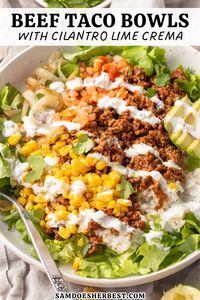 Fresh, flavorful, and fully loaded ground beef taco bowls with a cilantro lime crema! Ditch the takeout this week and make this delicious and healthy meal at home. Cilantro lime rice, seasoned ground beef, sautéed corn and veggies, and an irresistibly creamy and tangy cilantro lime crema - YUM!