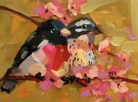 Two Rose Breasted Grosbeaks no. 9 original bird oil painting by Angela Moulton 8 x 6 inch