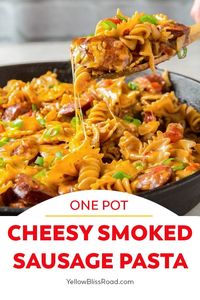 One Pan Cheesy Sausage Pasta recipe has smoked sausage and pasta in a spicy, creamy sauce cooked in one pan for a quick weeknight meal.