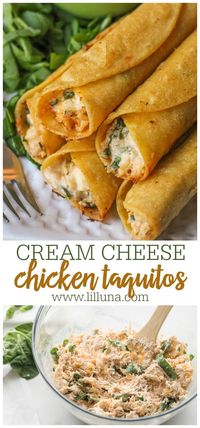 Everyone loves these cheesy taquitos! They're filled with chicken, cream cheese, salsa, and spinach and are great as appetizers or even a main dish. #creamcheeseandchickentaquitos #chickentaquitos #creamcheesetaquitos #taquitos #taquitorecipe