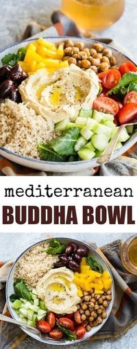 This easy Mediterranean Buddha Bowl is full of colorful veggies, nutritious quinoa, and roasted chickpeas. Top with hummus for an epic power lunch!