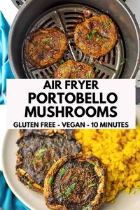 Air fryer portobello mushrooms are easy to make and ready in just 10 minutes. Cooking portobello mushrooms in the air fryer is a great side dish or can be used as a vegan main dish.