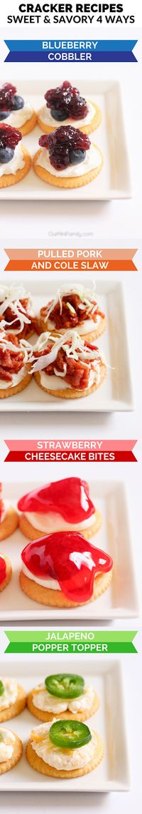 Here are 4 different recipes and ways to incorporate RITZ Crackers into some sweet and savory cracker topping ideas for a backyard BBQ or even an easy, last-minute weeknight dinner! For those who prefer something sweet, you'll enjoy the Strawberry Cheesecake Bites and Blueberry Cobbler Bites recipes below! More traditional BBQ lovers who love savory flavors will absolutely enjoy the Jalapeño Popper Topper and Pulled Pork and Cole Slaw Topper recipes! #SpreadRITZpiration #ad Available at Safeway