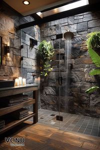 Discover the ultimate bathroom transformation with this stunning natural stone shower design. Perfect for creating a spa-like atmosphere in your home, this setup features a luxurious rain shower, lush greenery, and ambient lighting. Add a touch of nature to your daily routine and unwind in style. #BathroomDesign #SpaBathroom #NaturalStone #HomeSpa #InteriorDesign