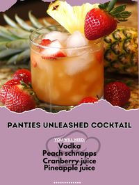 🌟🍸 Unleash your wild side with the Panties Unleashed Cocktail—refreshing, fruity, and a little bit naughty! 😉🍓 #CocktailHour #DrinkUp Panties Unleashed Cocktail Ingredients: Vodka (2 oz) Peach schnapps (1 oz) Cranberry juice (2 oz) Pineapple juice (1 oz) Ice (as needed) Fresh strawberries (for garnish) Instructions: Fill a shaker with ice and add vodka, peach schnapps, cranberry juice, and pineapple juice. Shake well until chilled. Strain into a glass filled with ice. Garnish with fresh s...