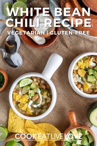 This hearty vegetarian white bean chili recipe makes a quick and easy dinner you will love!  Using cooked or canned beans helps you create a tasty weeknight dish in about thirty minutes.  It tastes so good, no one will know you didn’t spend hours over it in the kitchen. Perfect for meal prep and freezer meals!