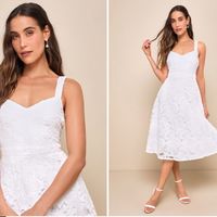 $88 Retail Lulu's Bridal Shower Engagement Floral Lace Romantic Elegant Honeymoon Midi Dresss Nwot You'll Be A Picture Of Perfection In The Lulus Divine Beauty White Lace Midi Dress With Pockets! Gorgeous Floral Guipure Lace Forms A Sweetheart Neckline Supported By Wide Straps, A High, Banded Waist, And A Darted Bodice. A Flared, A-Line Style Skirt (With Hidden Side Pockets!) Stuns As It Falls To A Modest Midi Length. Hidden Back Zipper/Clasp. Shell: 100% Polyester. Lining: 100% Polyester. Hand