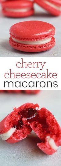 Cherry Cheesecake Macarons are the perfect addition to and party dessert table that needs a pop of color and classic flavor. Download this recipe and the Macaron Tips, Tricks & Troubleshooting Guide and be a macaron superstar! #macaron #recipe #cheesecake