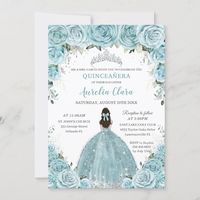 This chic Quinceañera invitation features a quince girl dressed in a glittery turquoise blue dress and pretty watercolor turquoise and soft teal floral.   Personalize it with your details easily and quickly, simply press the customise it button to further re-arrange and format the style and placement of the text. Also great for Sweet 16! (c) The Happy Cat Studio