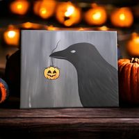 This Halloween painting is of one of my favorite birds, the crow. The crow holds a lil pumpkin decoration that he found on his night out! Adorable yet spooky, Perfect for Halloween Decor! Matte Acrylic on stretched canvas