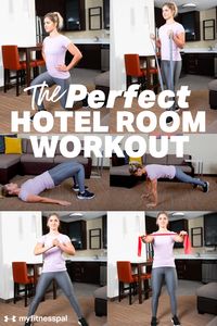 Traveling a lot this season? Stay on track with your fitness & diet goals with this total-body workout that works your muscles from head to toe. All you need is your body and a few simple things you can find in any hotel room. #MyFitnessPal #hotelworkouts #bodyweightworkout #bodyweight #workoutplan #fitness #circuittraining #resistanceband #plyometric #traveltips #mapmyrun #exercise #travel #fitnesstips #