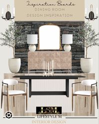 Cabin inspired dining room. Recreate the look at home. Wood upholstered dining chair, white rug, black dining table, white tree planter, faux fake tree, white candle holder, wood console buffet credenza, table lamp, gold brass mirror, stone wall panels, wall sconce light. Follow my shop @Lifestyle_M_Interior_Design on the @shop.LTK app to shop this post and get my exclusive app-only content! #liketkit #LTKFind #LTKstyletip #LTKhome @shop.ltk https://liketk.it/3XMis