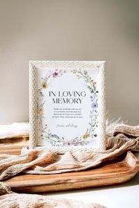 "In Loving Memory Wedding Sign Template Honor the memory of your loved ones with this wedding memorial sign template. This in loving memory sign features beautiful watercolor florals that will fit perfectly on your in memory table and match your wildflower wedding decor or floral wedding decor. ⸻ This is a DIGITAL DOWNLOAD editable template - no physical products will be shipped. After purchase, an email with a link to your template will be sent to you within minutes. You'll edit using Templett's online app in your web browser. ⸻ ✨ FREE DEMO - TRY BEFORE YOU BUY ✨ Copy and paste the link below into your browser: http://templett.com/design/demo/bellabooprintables/24977104,24977106 ⸻ WHAT'S INCLUDED * 5\" x 7\" In Loving Memory Sign Template * 8\" x 10\" In Loving Memory Sign Template ⸻ MATC