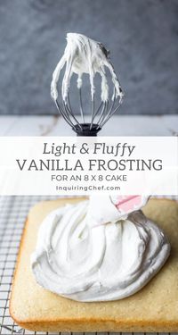 Light and Fluffy Vanilla Frosting sized for an 8-inch square or round cake. #vanilla #dessert #frosting