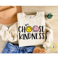 "Choose Kindness Sweatshirt, Kindness Sweater, Be Kind Hoodie, Choose Kindness, Smiley Face, Trendy Shirt, Aesthetic Sweater, Positive Hoodie This listing is for one Choose Kindness Sweatshirt in the color of your choice. 🐝 Sweatshirt Features --> 8 oz., 50% cotton, 50% polyester --> Heather Sport colors: 60% polyester, 40% cotton --> Safety Orange is compliant with ANSI - ISEA 107 High Visibility Standards --> 1x1 ribbed collar, cuffs and waistband with spandex --> Double-needle stitching thro