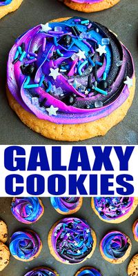 Easy GALAXY COOKIES recipe, homemade with simple ingredients. These chocolate chip cookies are decorated with pink, purple, black, blue buttercream icing swirl and sprinkles. From CakeWhiz.