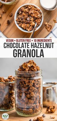 This Naturally Sweetened Chocolate Hazelnut Granola is a perfect snack! Crunchy Oat clusters combine with Hazelnuts and Chocolate Chunks for a yummy treat. #vegan #glutenfree #plantbased #chocolate #hazelnut #granola | frommybowl.com