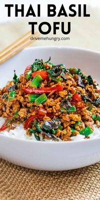 Try this easy and fast recipe for vegetarian Thai basil tofu stir fry aka Tofu Pad Krapow. Stir fried ground tofu with garlic, ginger, and veggies in a spicy, savory soy sauce!