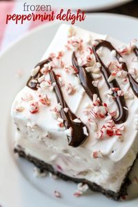 Frozen Peppermint Delight - a simple, festive and delicious holiday dessert with an Oreo crust, peppermint ice cream filling and topped with cool whip, chocolate syrup and candy cane pieces.