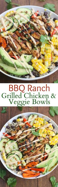 BBQ Ranch Gilled Chicken and Veggie Bowls ~ served over black bean rice with delicious grilled veggies, marinated and grilled chicken and a delicious honey BBQ ranch sauce | http://TastesBetterFromScratch.com