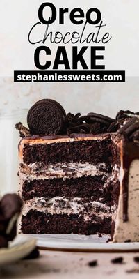 Oreo cake is a layered chocolate cake full of Oreo whipped cream cheese filling. The cake is topped with Oreo frosting and a chocolate drip. This Oreo cake has the most softest chocolate cake with filling that taste like an Oreo pie.