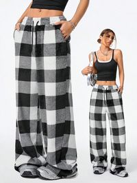 Women's Fall Casual Front Tie Plaid Pocket Trousers Black and White Casual   Polyester Gingham,Plaid Straight Leg Slight Stretch  Women Clothing, size features are:Bust: ,Length: ,Sleeve Length: