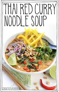 Thai Red Curry Noodle Soup! 30 minute, vegan, gluten-free, one pot meal! This coconut red curry soup is quick and easy to make and is so slurpably good. #itdoesnttastelikechicken #vegan #food #glutenfree #dairyfree #vegetarian #cleaneating #foodgasm #healthyfood #veganfood #veganrecipes