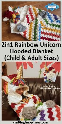 2in1 Rainbow Unicorn Hooded Blanket For Adults & Kids | Crafting Happiness