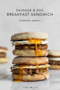 Sausage and Egg Breakfast Sandwich | Just like a sausage and egg McMuffin, this quick and simple breakfast sandwich starts with a toasted English muffin, cheddar cheese, sausage patty, and fried egg. It's a perfect weekend breakfast or brunch, or make-ahead to reheat at work. #brunchideas #breakfastrecipes #mcmuffin #foodphotos | chefsouschef.com