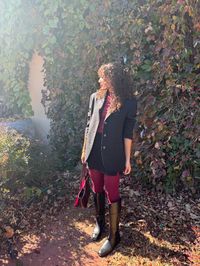 Looking for a chic outfit idea for your next winery visit? This blazer outfit is elegant and perfect for fall. Add some burgundy for some gorgeous fall color! 

Blazer, burgundy top, mini skirt, burgundy tights, ankle boots, burgundy bag