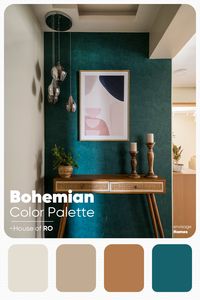 Enhance the elegance of your entrance with a Textured Teal accent wall, creating a perfect contrast for entrance to a serene bohemian living room. ~House of RO by envisage #envisageinteriors #envisagehomes #colorpalette #bohemian #interiordesign #bohemiancolourpalette